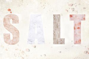 The word salt with mix of four kind of salts over textured background